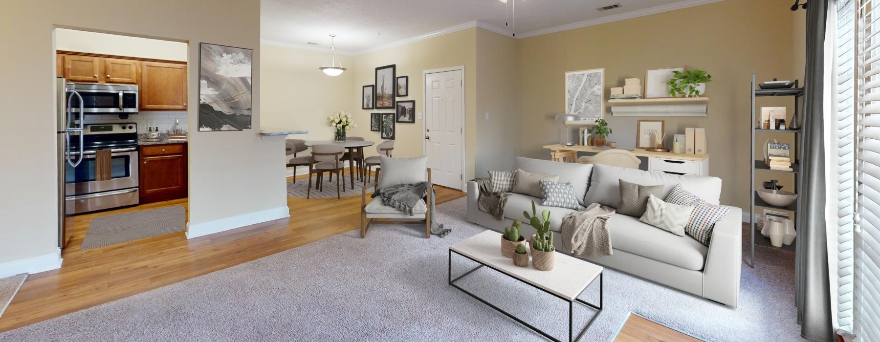 a living room with a couch and a table
