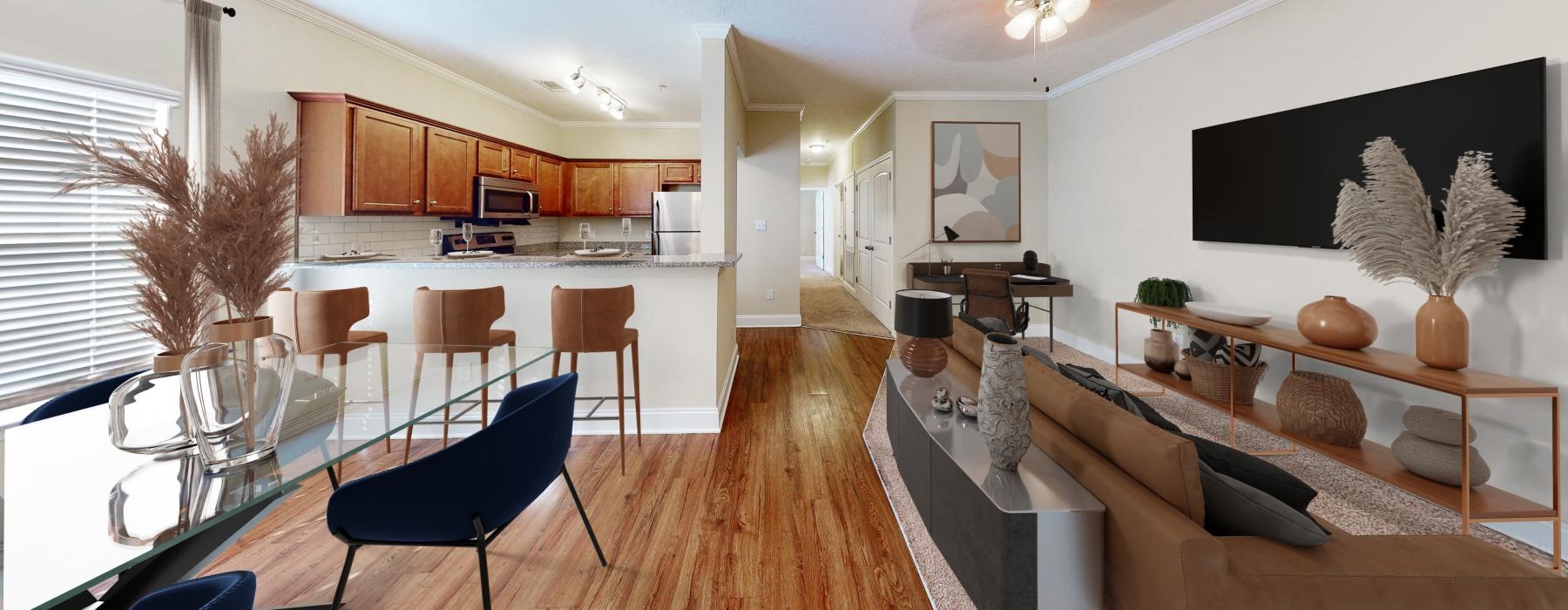a living room with a large dining table and a couch