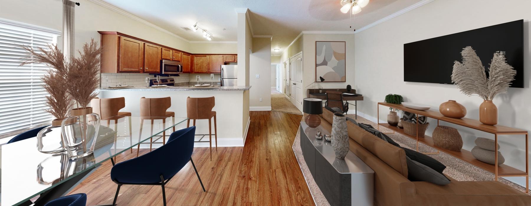 a living room with a large dining table and a couch
